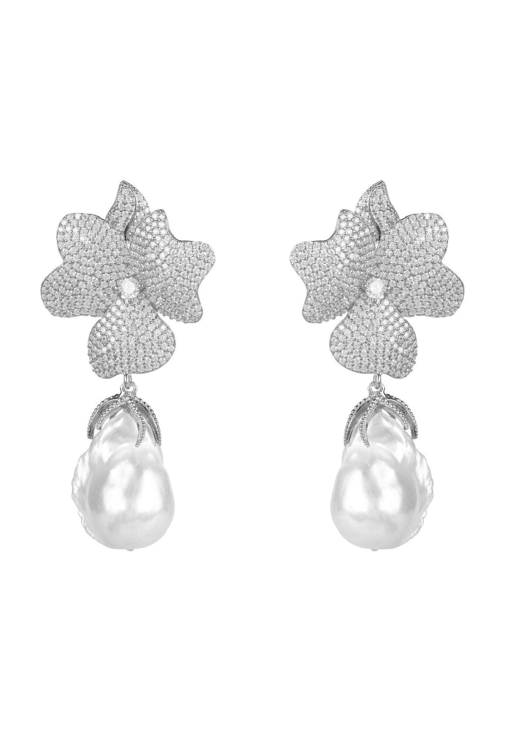 Baroque Pearl White Flower Drop Earring Silver