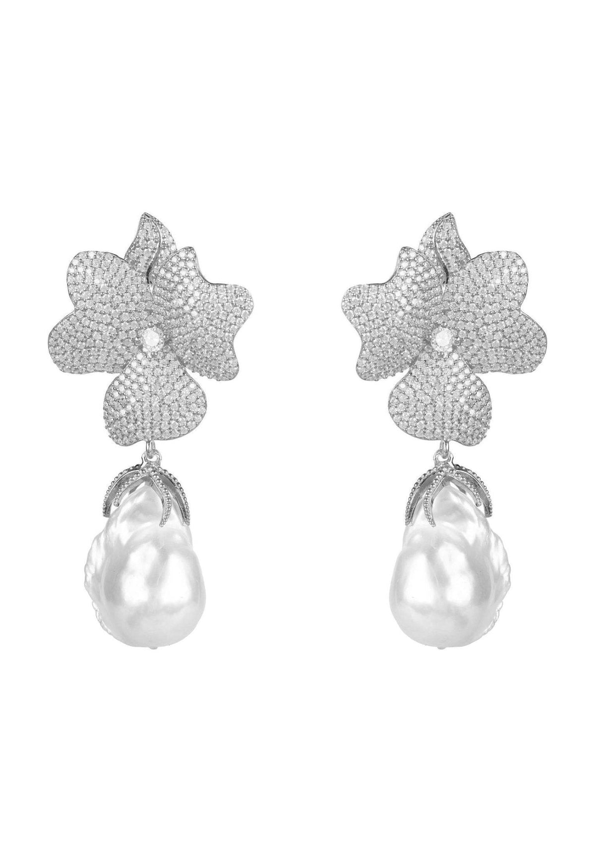 Baroque Pearl White Flower Drop Earring Silver