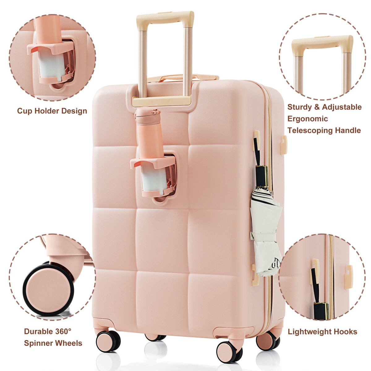3-Piece ABS Luggage Set with Cup Holder, Side Hooks and Spinner Wheels