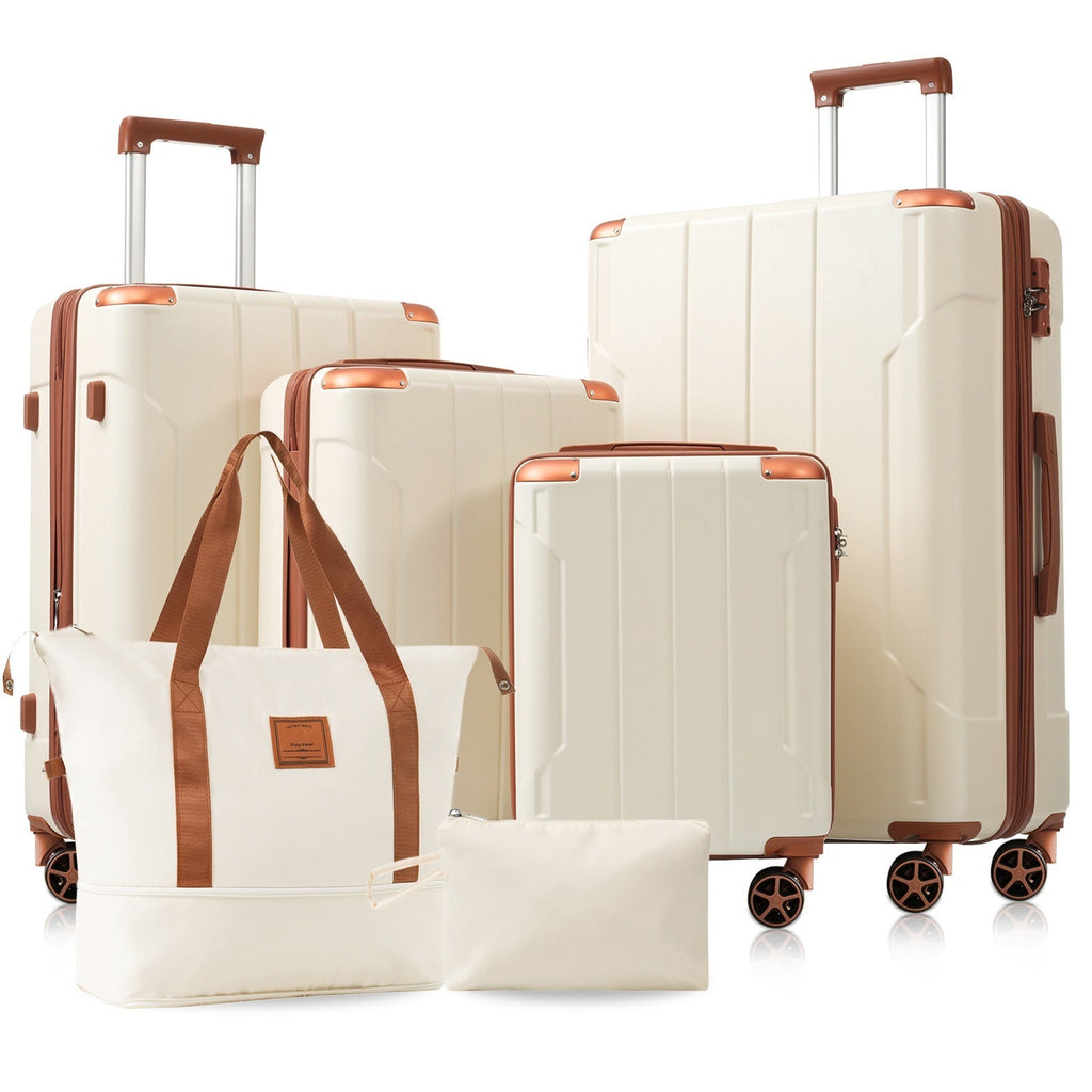 Brown White 6-Piece Expandable ABS Luggage Set with Duffel and