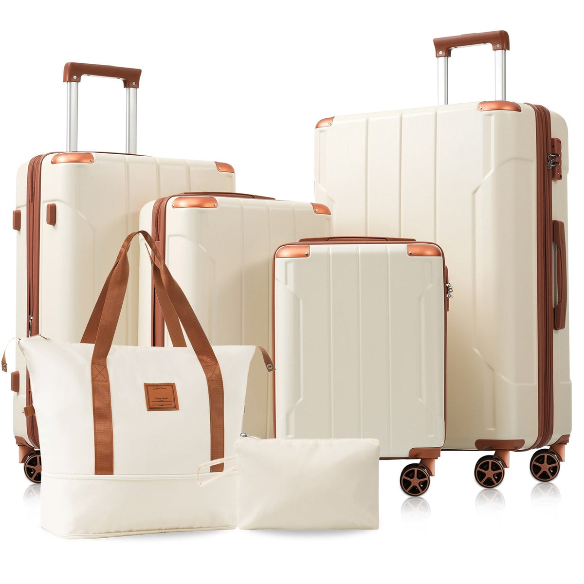 Brown White 6-Piece Expandable ABS Luggage Set with Duffel and