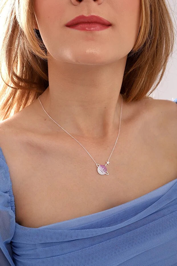925 Sterling Silver Planet Necklace with Gradient Red Stone