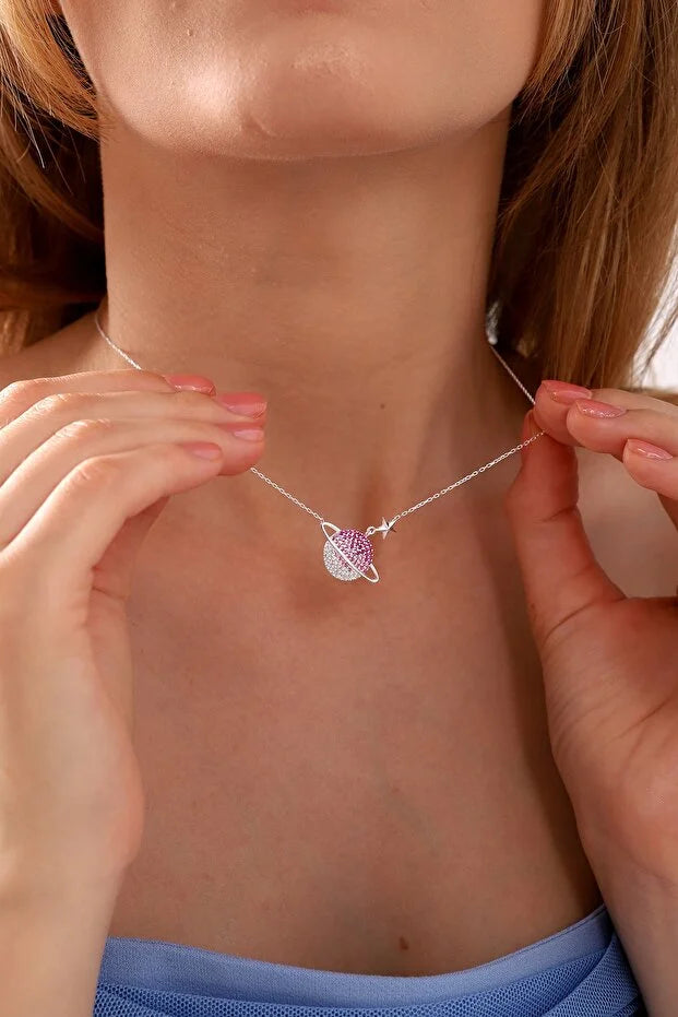 925 Sterling Silver Planet Necklace with Gradient Red Stone