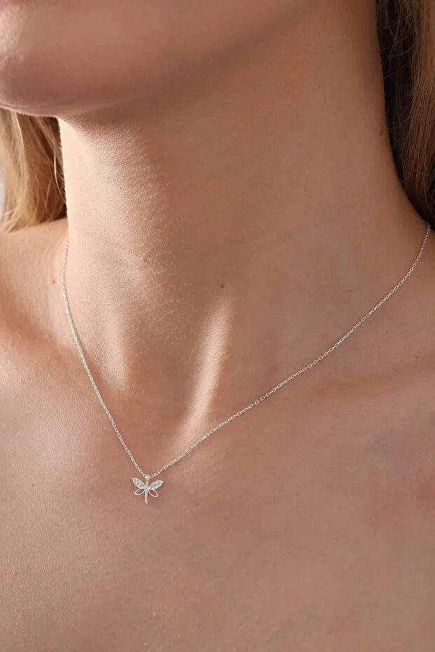 925 Sterling Silver Minimal Dragonfly Necklace with White Zircon Stone