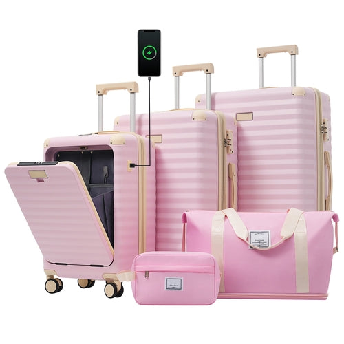 5-Piece ABS Hardshell Luggage Set with Front Opening, TSA Lock, USB