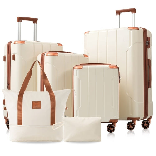 Brown White 6-Piece Expandable ABS Luggage Set with Duffel and