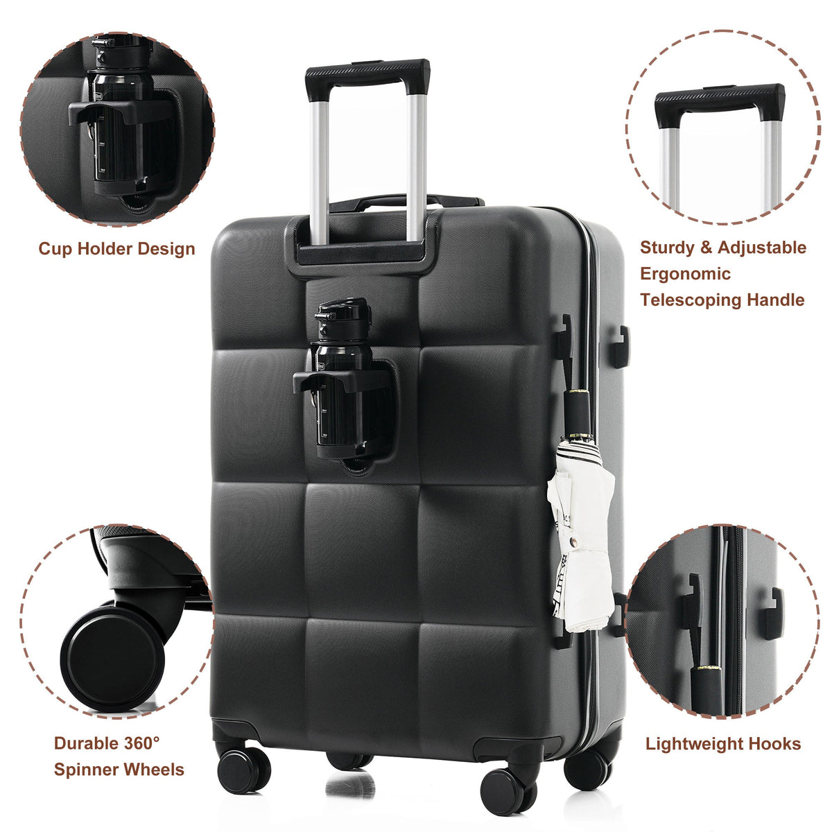 3-Piece ABS Luggage Set with Cup Holder, Side Hooks and Spinner Wheels