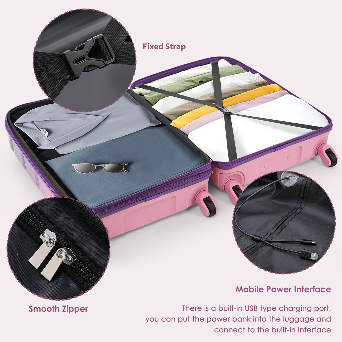 3-piece Luggage Set, 20-inch USB Airline Certified Carry-on ABS+PC