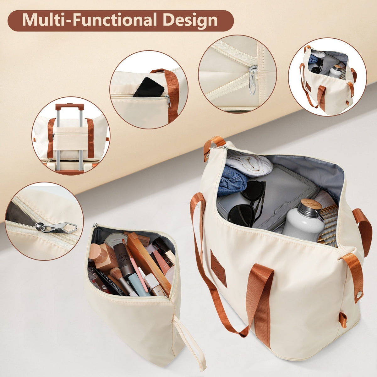 Brown White 6-Piece Expandable ABS Luggage Set with Duffel and