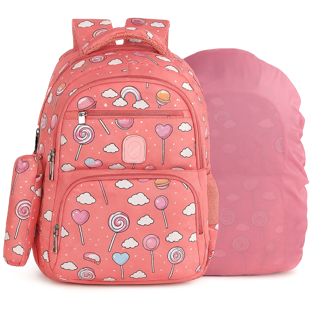Pink Backpack with Candy and Cloud Pattern, Front