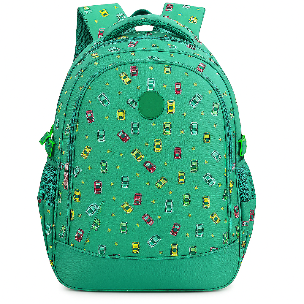 Green Backpack with Colorful Mini Car Print