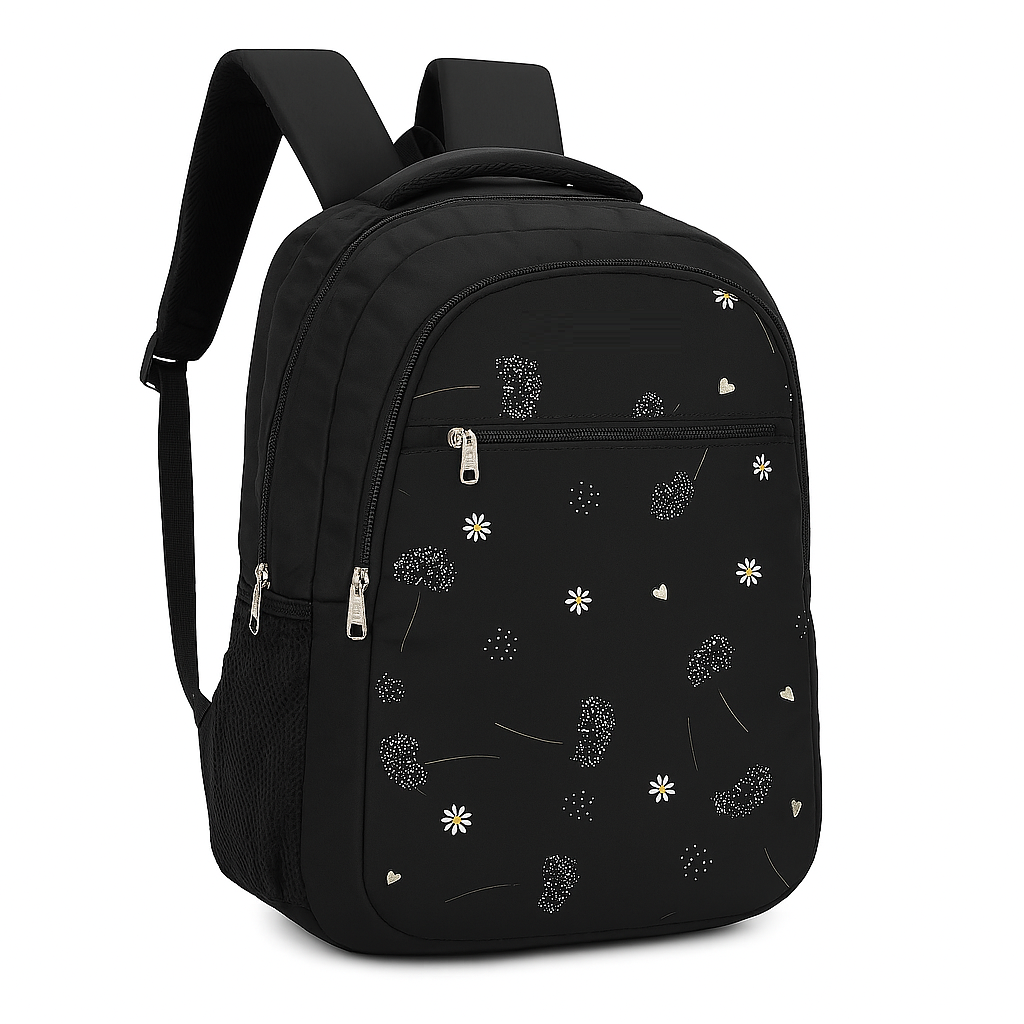 Sleek Black Backpack with Delicate White Daisy and Heart Pattern