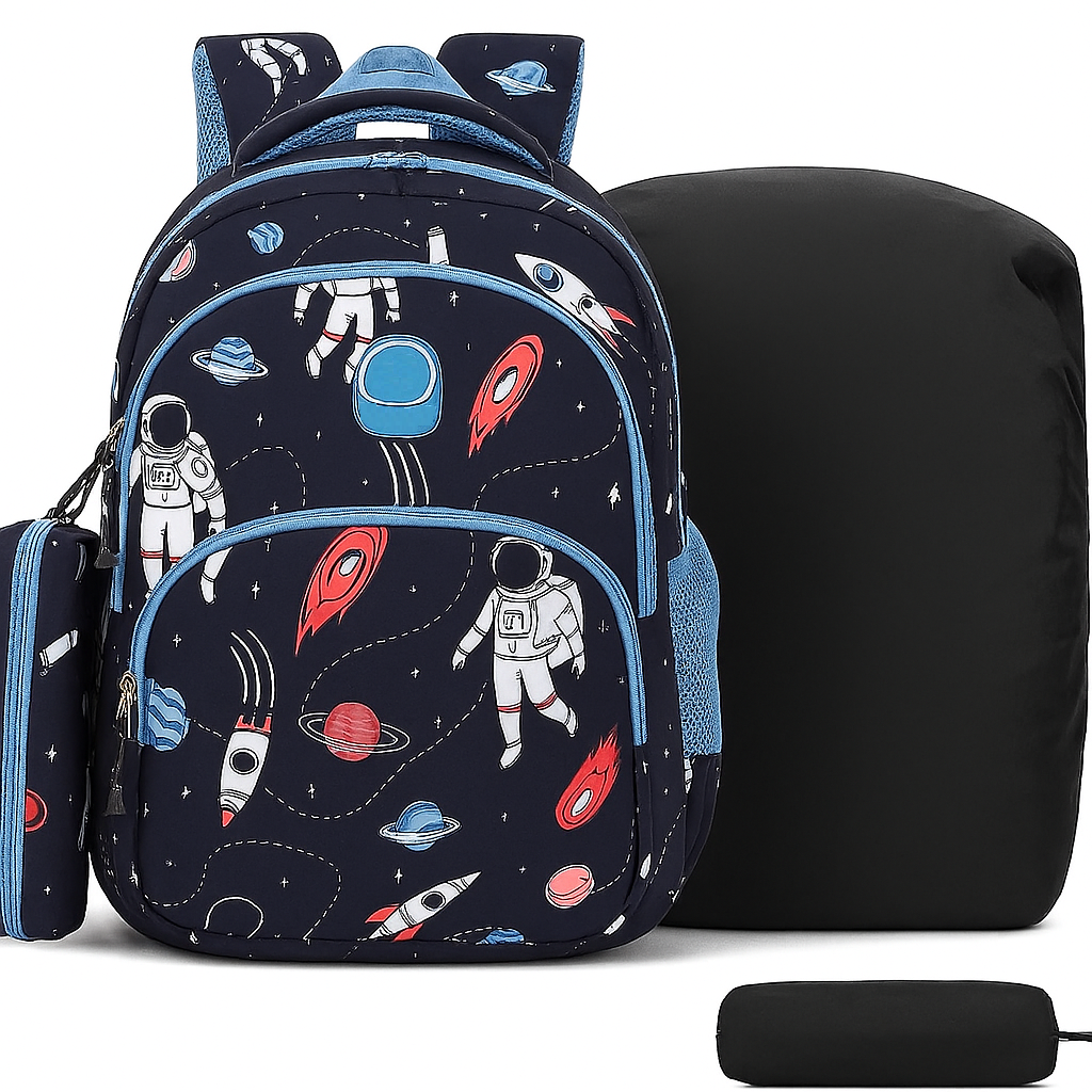 Space-Themed Navy Blue Backpack with Astronaut and Rocket Designs
