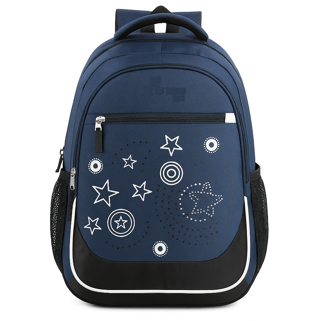 Navy Blue Backpack with Black Base and White Starry Pattern