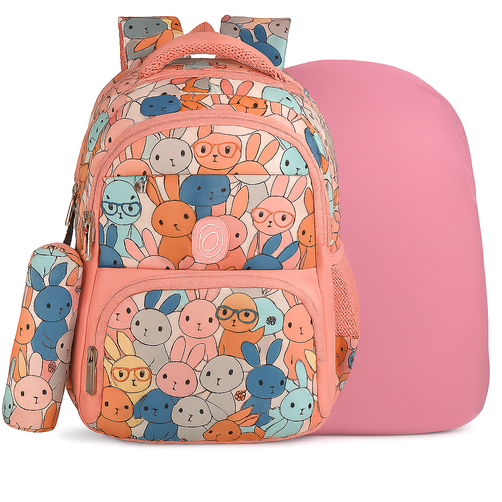 Pastel Pink Backpack with Cute Cartoon Bunny Faces Pattern