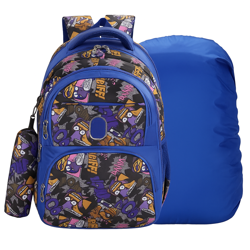Blue Kids' Backpack with Colorful Cartoon Pattern