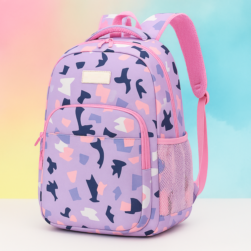 Stylish Purple Backpack with Pink Accents and Abstract Pattern