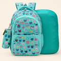 Playful Teal Backpack with Colorful Cat Face Prints and Matching
