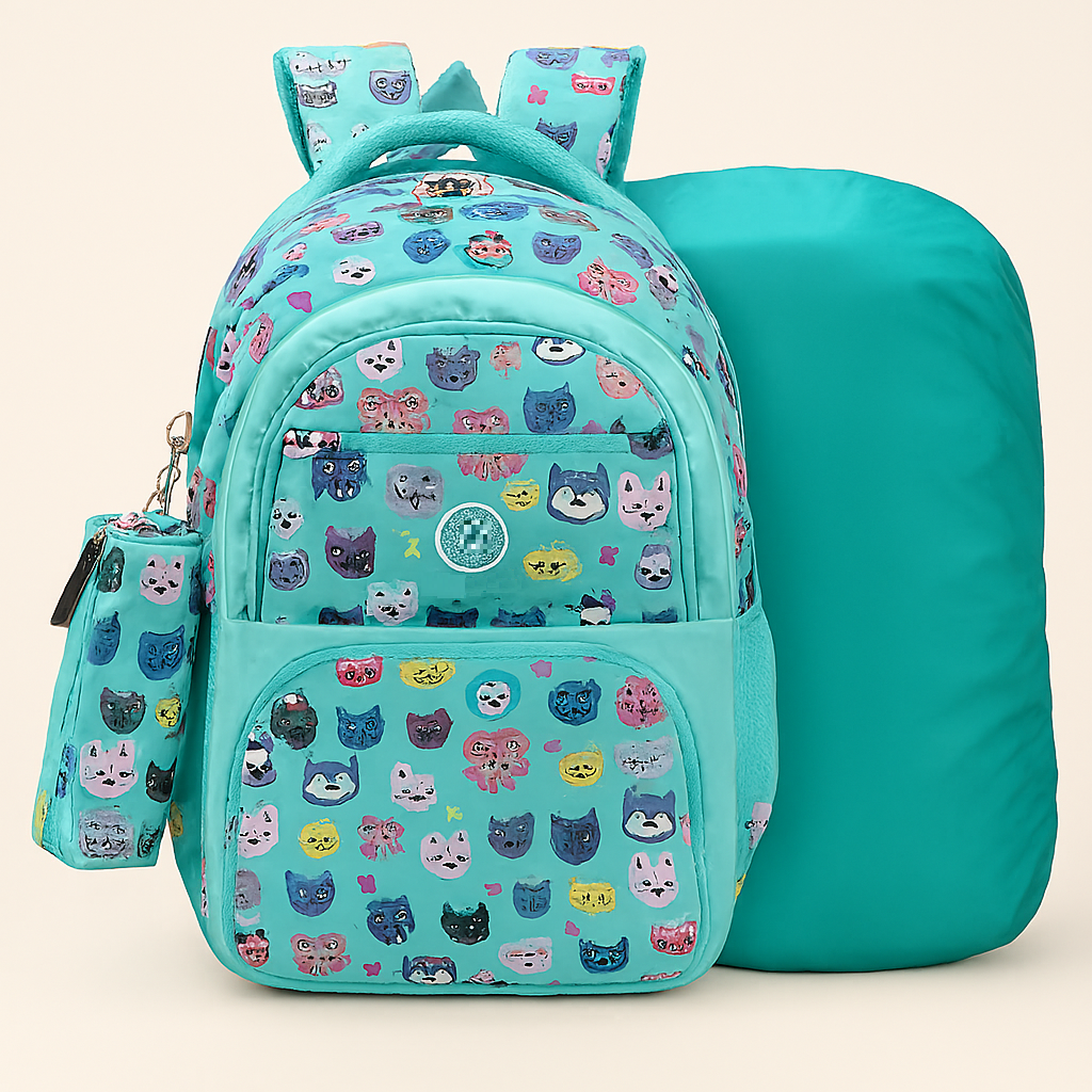 Playful Teal Backpack with Colorful Cat Face Prints and Matching
