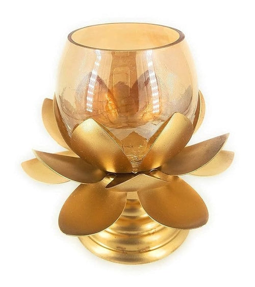 Cracked Glass Lotus Shape Brass Tea Light Candle Holder - Crystal