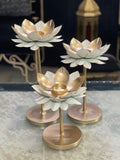 Lotus-Shaped Metal Tealight Candle Holder Set – Elegant Gold & White