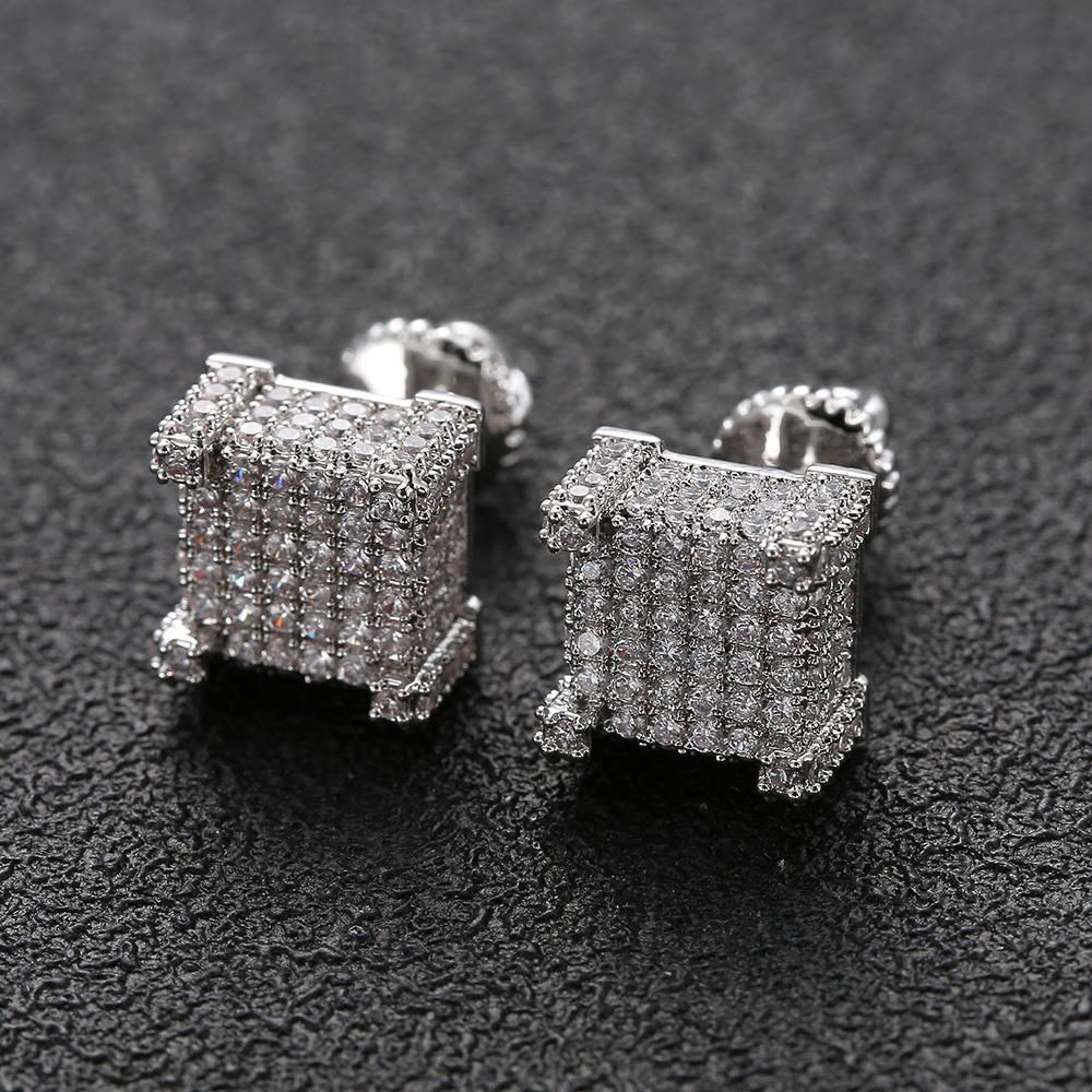 Hip Hop Earrings for Men Gold Silver Iced Out CZ Square Stud Earring